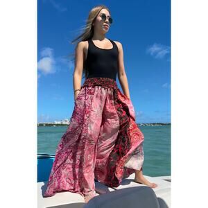 Mixed-print wide-leg trousers- One Size